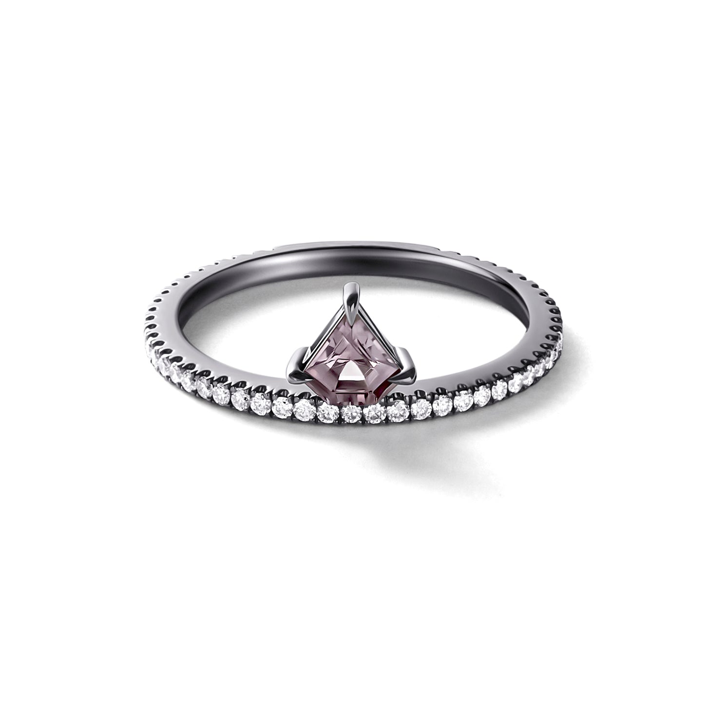 Kent Offset Ring in 18K Blackened White gold with 0.45ct Shield Shaped Spinel and White Diamond Pavé