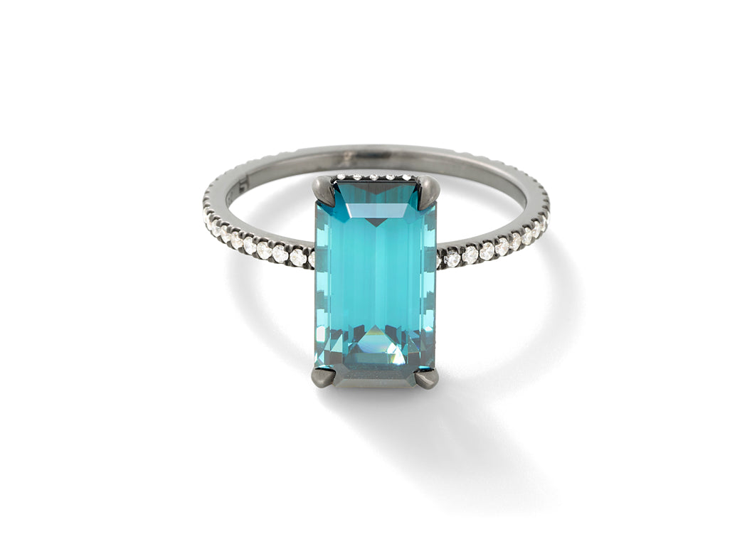 Matrix with Indicolite Tourmaline in 18k Blackened White Gold with 4.25ct Elongated Emerald Cut Afghan Indicolite Tourmaline and White Diamond Pavé